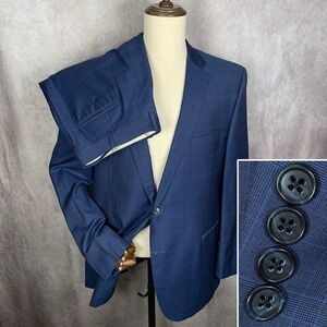 Jack Victor 2 Piece Suit Men 46L Blue Windowpane Wool Business Nepal CT